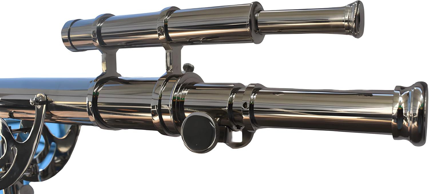 May include: A polished chrome telescope with a smaller, parallel scope mounted above. The instrument features multiple cylindrical sections and a detailed mounting bracket. The design suggests a nautical or scientific theme.
