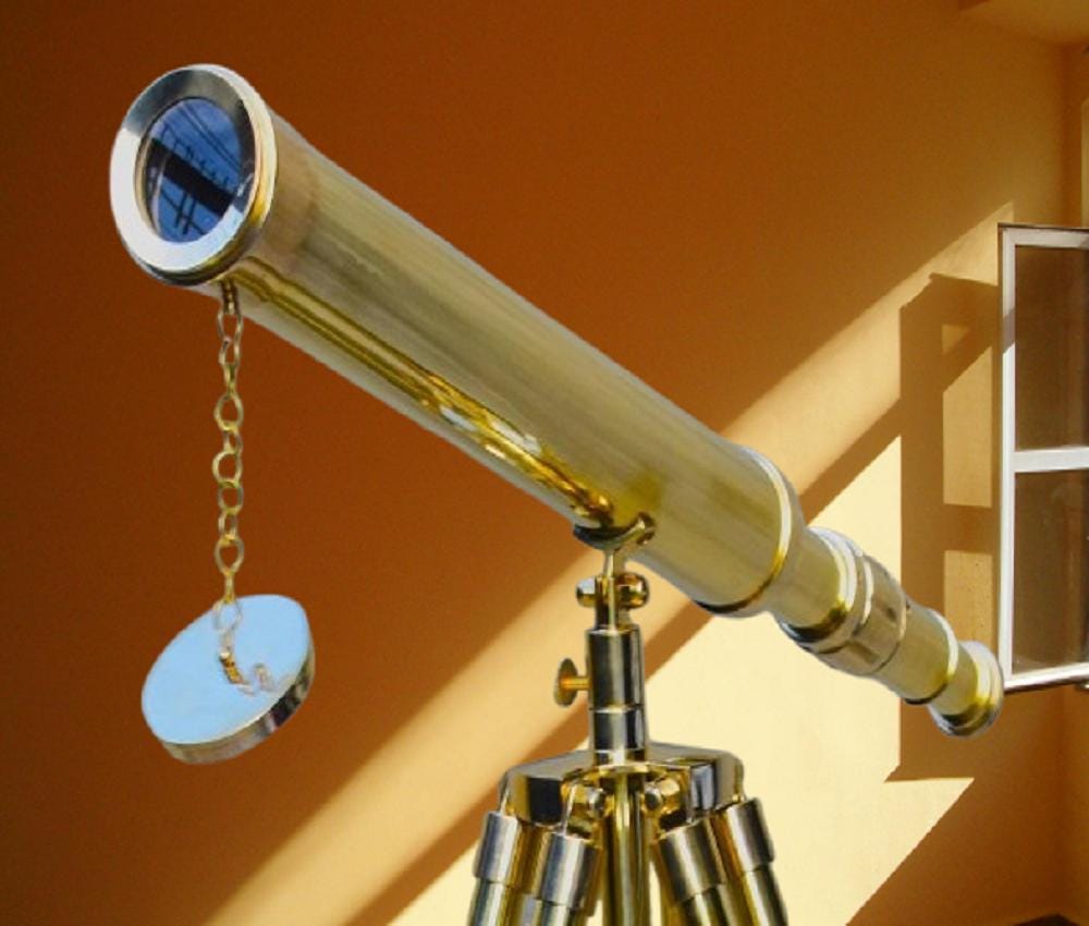 Nautical Brass Telescope with Wood Tripod Stand Maritime Decor, Vintage Floor Telescope, Coastal Home