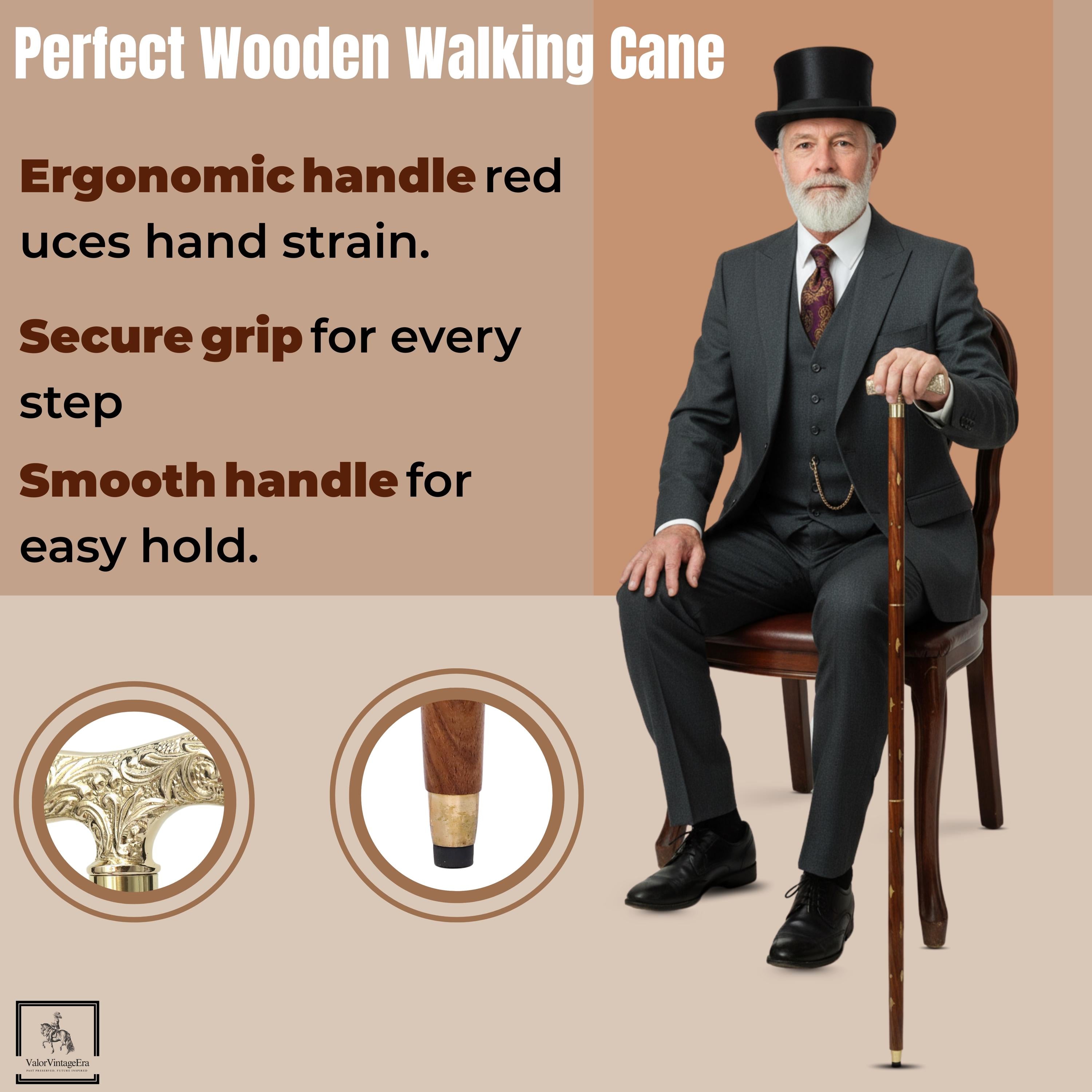 May include: A wooden walking cane with a dark brown shaft and a decorative gold-coloured handle. The cane has a brass ferrule at the bottom. The image includes text that reads "Perfect Wooden Walking Cane".