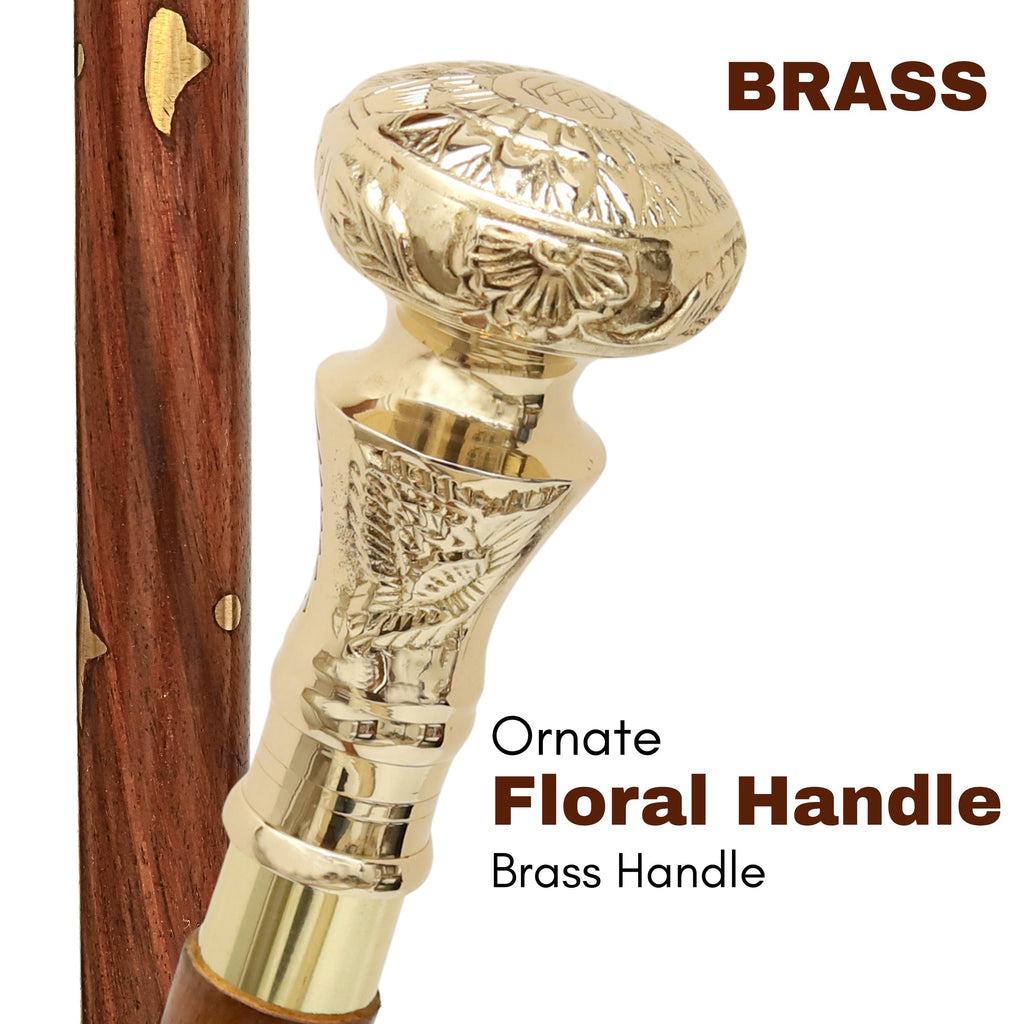 Handmade Wooden Walking Cane | Vintage Brass Handle, Hiking Stick Brass Handle Stick