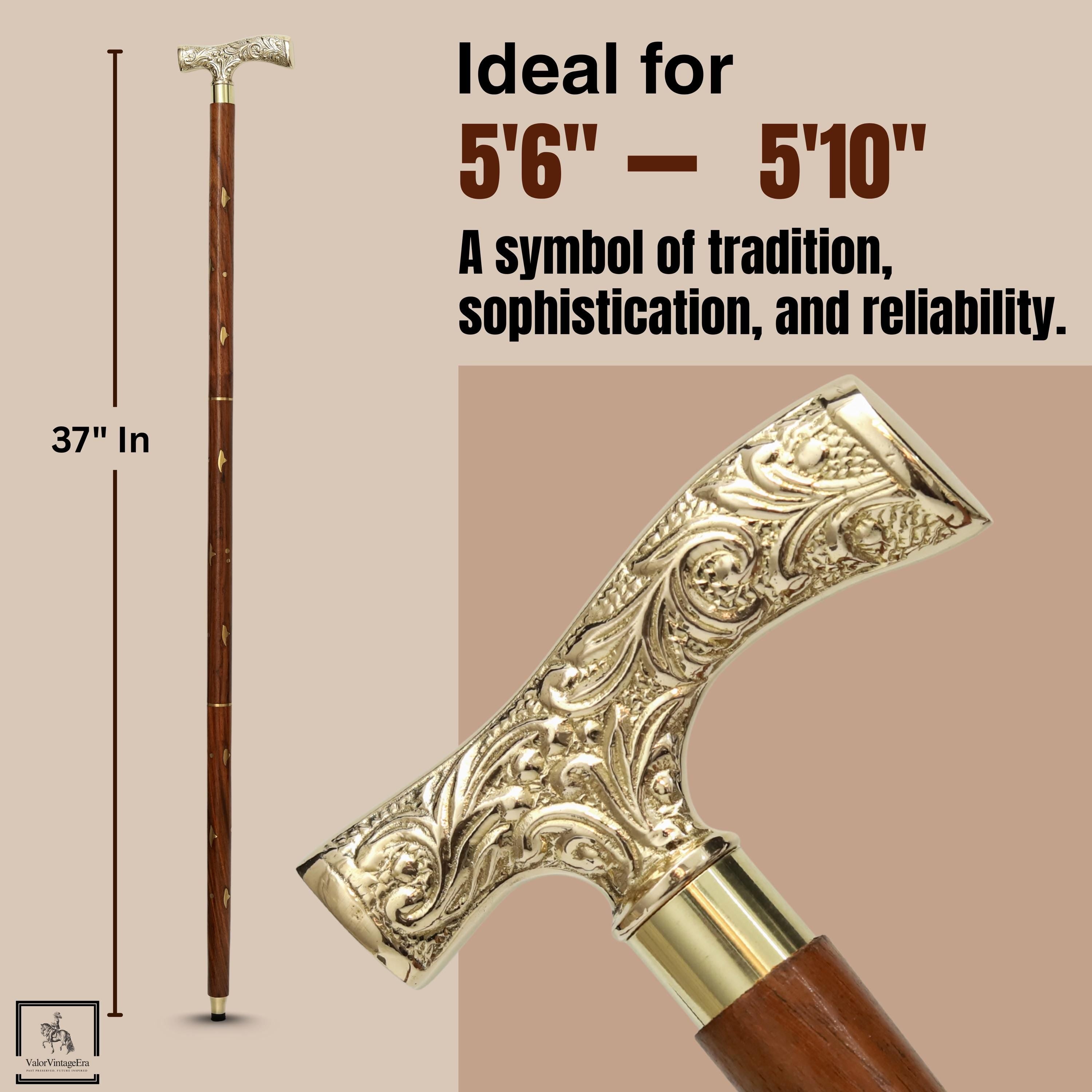 May include: A 94 cm wooden walking cane with a decorative brass handle. The handle features intricate floral patterns. The cane is brown with gold accents and is ideal for individuals between 168 cm and 178 cm.