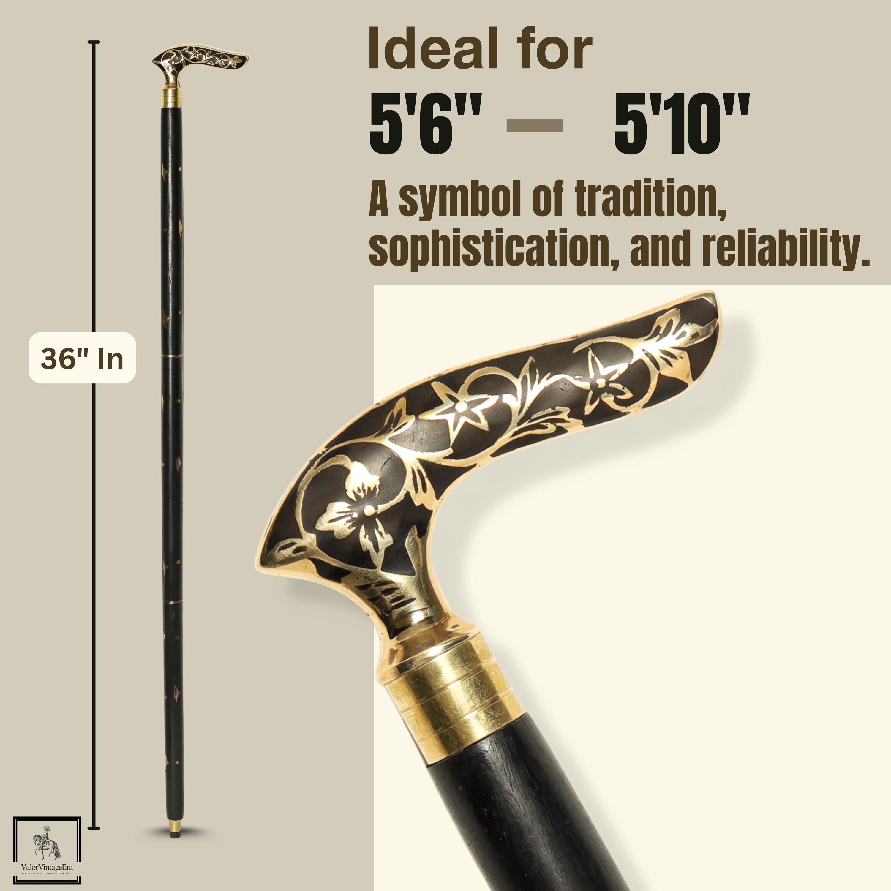 May include: A black walking cane with a decorative gold-colored handle featuring floral and star designs. The cane is 36 inches long. The text on the image says "Ideal for 5'6" - 5'10" and "A symbol of tradition, sophistication, and reliability."