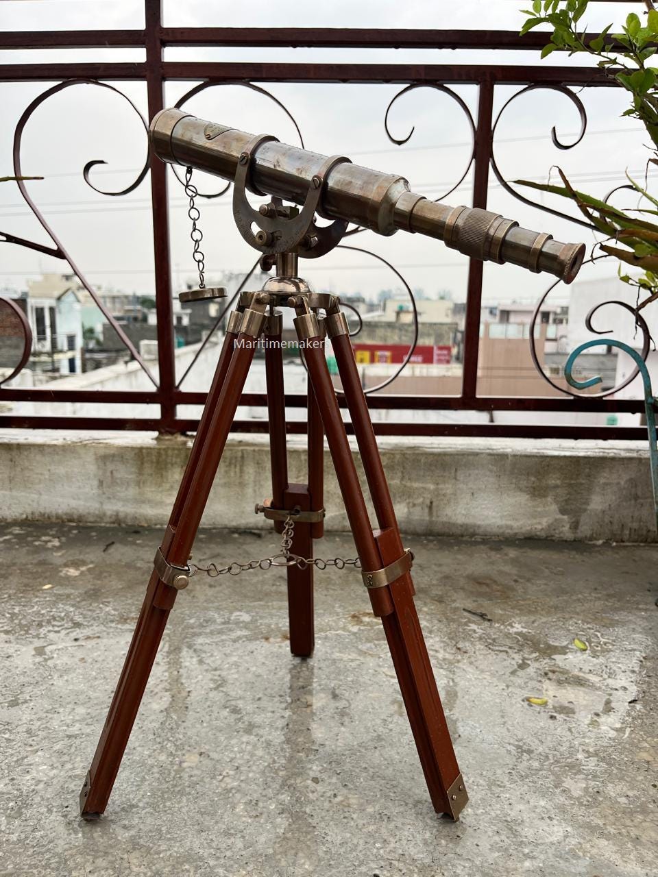 Handmade Vintage Brass Telescope with Wooden Tripod Nautical Spyglass Decor Maritime Home Accent