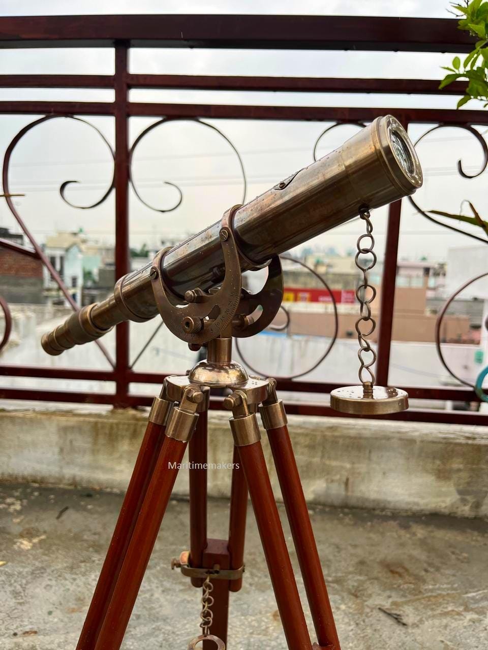 Handmade Vintage Brass Telescope with Wooden Tripod Nautical Spyglass Decor Maritime Home Accent