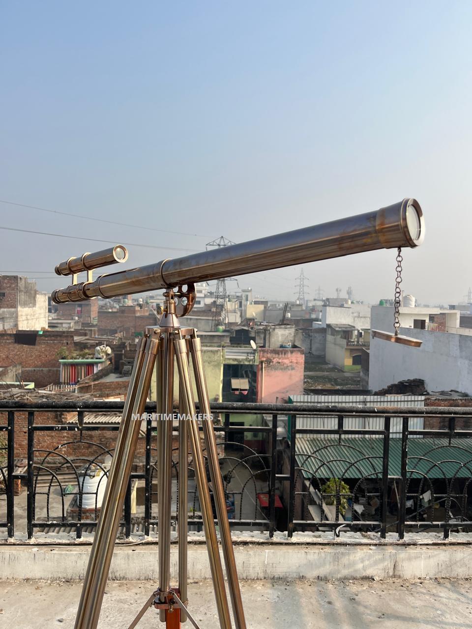 Custom Engraved Vintage Brass Telescope on Wooden Tripod – Nautical Luxury Gift for Office & Home