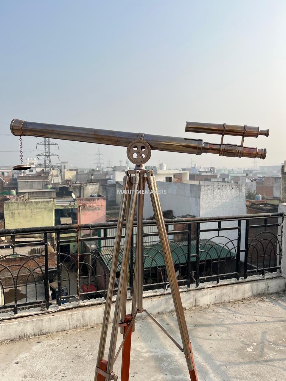 Custom Engraved Vintage Brass Telescope on Wooden Tripod – Nautical Luxury Gift for Office & Home