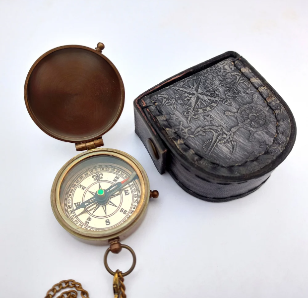 Antique Nautical Maritime Brass compass with leather case, Size: 2inch