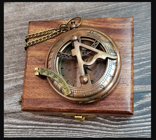 Brass Sundial Compass with Wooden Box and Chain Push Open Compass Unique Gift for Men